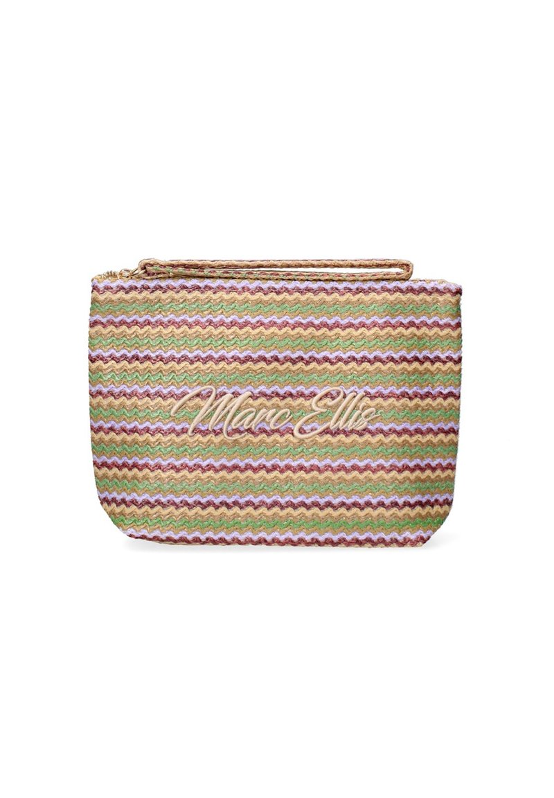 Gestreifte Strohtasche in grün, pink und beige mit Zickzackmuster, ausgestattet mit einem Reißverschluss und geprägt mit dem "Marc Ellis" Logo auf der Vorderseite.