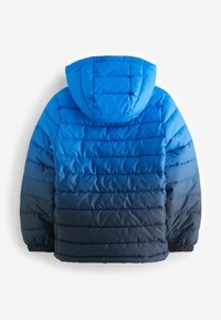 Veste rembourrée dans des nuances de bleu dégradé, dotée d'une capuche, d'une texture matelassée, de poignets élastiques et d'une finition lisse.