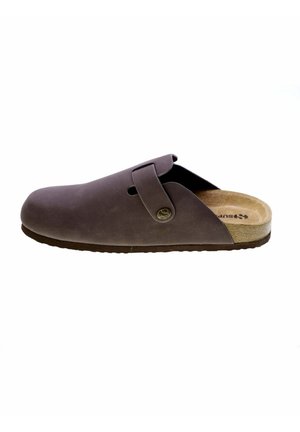 Zoccolo marrone slip-on con cinturino regolabile e sottopiede in sughero, progettato per il comfort e l'uso casual.