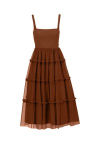 Braunes, geschichtetes Kleid mit tailliertem Oberteil und verstellbaren Spaghettiträgern. Verfügt über geschichteten, durchsichtigen Stoff und Rüschen entlang der Schichten.