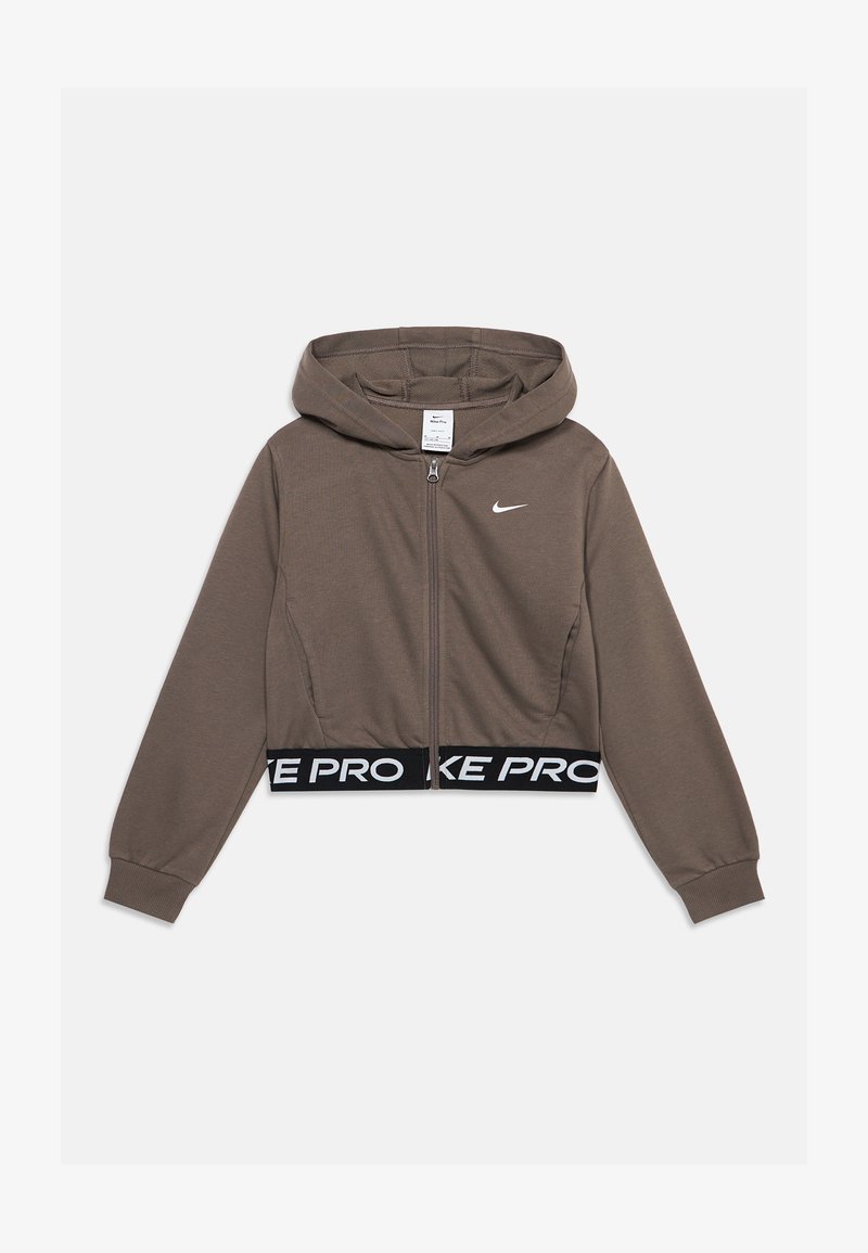 Sweat à capuche court marron zippé avec capuche, manches longues et bande noire à la taille avec texte blanc "NIKE PRO" et petit logo blanc Nike.