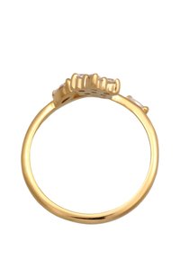 Guldring med et struktureret, hævet design på toppen med klare sten, glat skæft og poleret finish.