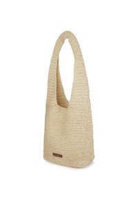 Beige szövet táska laza formával és hosszú, ívelt füllel; textúrált felülettel rendelkezik, alján pedig egy kis dombornyomott logó található.