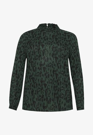 Grüne Bluse mit schwarzem abstraktem Muster, hohem Halsauschnitt, langen Ärmeln und leichter Raffung am Hals, aus leichtem Stoff gefertigt.