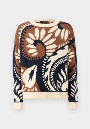 Long-sleeve knit sweater with brown, cream, and navy floral and leaf pattern, ribbed neckline, cuffs, and hem.