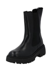 Bottes noires jusqu'à la cheville avec un dessus en cuir brillant, des panneaux élastiques sur les côtés et une semelle en caoutchouc texturé épais avec un profil prononcé.