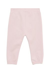 Helle rosa Sweatpants aus weichem Stoff. Mit einem elastischen Bund und gerafften Bündchen an den Knöcheln. Glatte Textur mit einem schlichten Design.