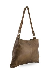 Sac à main en cuir marron avec une texture lisse, un corps large et une bandoulière tressée avec des accents en métal. Design simple et fonctionnel.
