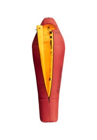 Rode slaapzak met een taps toelopend ontwerp en een oranje binnenvoering. Voorzien van een volledige rits en 'MAMMUT'-branding aan de zijkant. Isolatie beoordeeld voor -7°C.