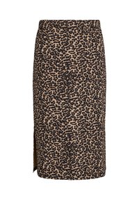 Jupe crayon imprimé léopard beige et noir. Dotée d'une fente sur le côté pour plus de mobilité. Fabriquée en textile doux avec une silhouette ajustée.