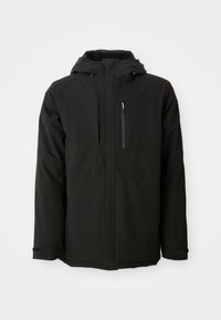 Giacca nera impermeabile con cappuccio, tasca frontale con zip e polsini regolabili. Presenta una texture liscia e un design semplice e funzionale.