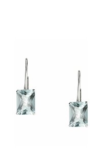 Ein Paar silberfarbene Ohrringe mit rechteckigen, facettierten, hellblauen Edelsteinen, die elegant von einem schlichten Haken-Design hängen.