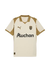 Cremefarbenes Fußballtrikot mit goldenen Akzenten, kurzen Ärmeln und V-Ausschnitt. Verfügt über das Puma-Logo und großen schwarzen "Auchan"-Text auf der Vorderseite.