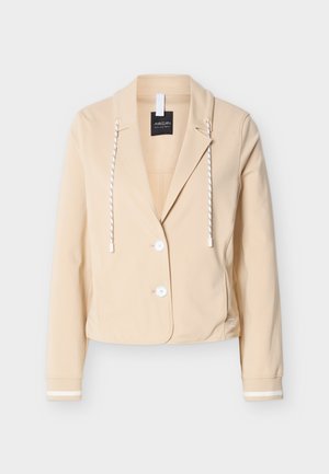 Beige casual blazer with two white buttons, striped drawstrings on the collar, and white striped cuffs on long sleeves.