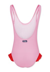 Maillot de bain une pièce rose avec encolure ronde et larges bretelles, présentant des volants rouges aux hanches. Tissu doux et extensible.