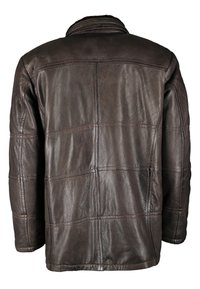 Donkerbruine leren jas met gestikte paneeldetails, getoond vanaf de achterkant, met een staande kraag en lange mouwen.