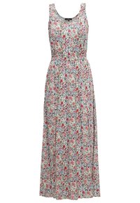 Květinové maxi šaty bez rukávů s barevným vzorem na světlém pozadí a elastickým pasem pro pohodlné nošení.