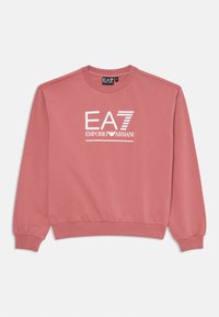 Ružovo-ružový dlhý rukáv mikina s bielym logom EA7 Emporio Armani umiestneným na prednej strane, rebrované manžety a lem.