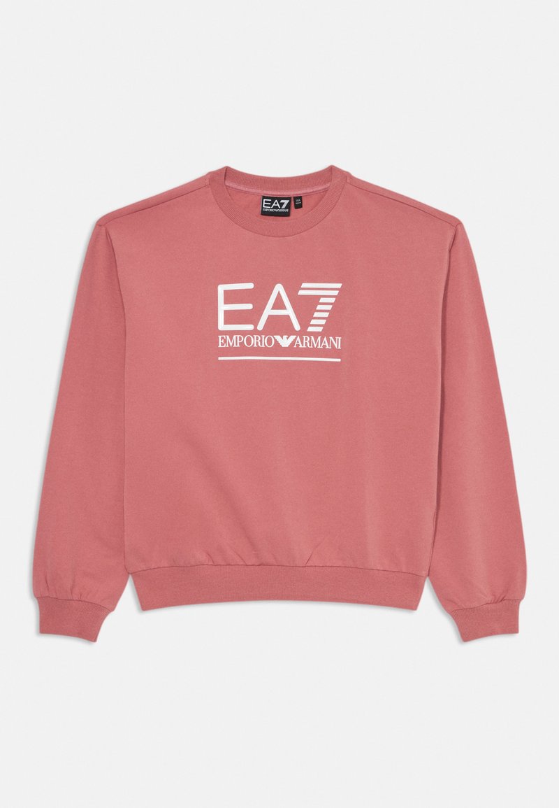 Ružovo-ružový dlhý rukáv mikina s bielym logom EA7 Emporio Armani umiestneným na prednej strane, rebrované manžety a lem.