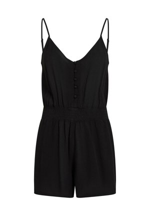 Combinaison noire sans manches avec un décolleté en V profond, présentant une fermeture boutonnée à l'avant, une taille smockée et un short ample. Tissu doux avec une texture subtile.