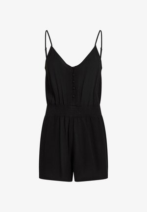 Combinaison noire sans manches avec un décolleté en V profond, présentant une fermeture boutonnée à l'avant, une taille smockée et un short ample. Tissu doux avec une texture subtile.