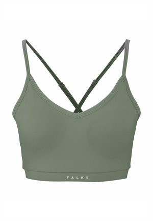 Olive green sports bra with a V-neck, adjustable straps that form a crossover at the back, and a branded elastic band at the bottom.