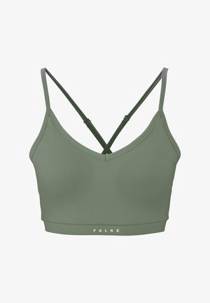 Soutien-gorge de sport vert olive avec un col en V, des bretelles réglables qui se croisent dans le dos, et une bande élastique de marque en bas.