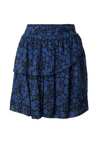 Gonna nera con design a strati, caratterizzata da un motivo floreale blu. La cintura è arricciata e il materiale appare leggero e tessurizzato.