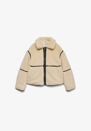 Giacca in finta pelliccia beige con bordi neri, zip frontale, colletto ampio, maniche lunghe e tasche laterali su sfondo bianco.