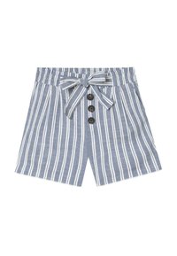 Shorts rayés en bleu et blanc, avec une taille élastique, un lien à l'avant et trois grands boutons marron sur le devant.