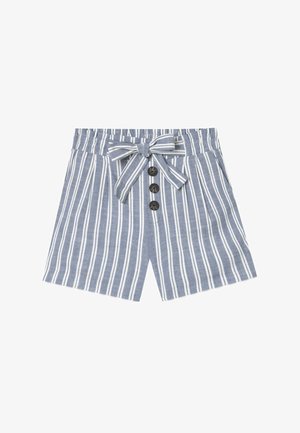 Pantalones cortos a rayas en azul y blanco, con una cinturilla elástica, lazo frontal y tres grandes botones marrones en la parte delantera.