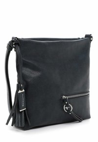 Borsa a tracolla nera in pelle con tracolla regolabile, nappine decorative e tasca frontale con zip e tirante in metallo.