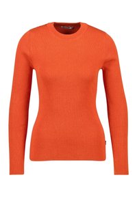 Pull orange côtelé avec un col rond et des manches longues, fabriqué dans un tissu doux. Comprend une petite étiquette de marque sur le côté.