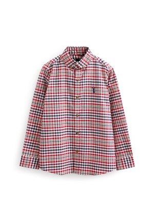 Chemise à manches longues boutonnée avec motif à carreaux rouge, marine et blanc et logo cerf marine brodé sur la poche poitrine.