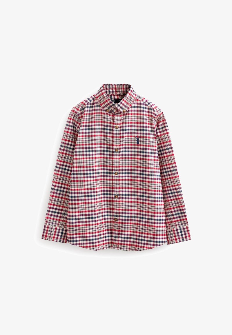 Chemise à manches longues boutonnée avec motif à carreaux rouge, marine et blanc et logo cerf marine brodé sur la poche poitrine.