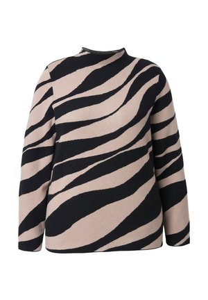 Trui met lange mouwen met beige en zwarte abstracte tijgerstrepen en een hoge hals op een witte achtergrond.