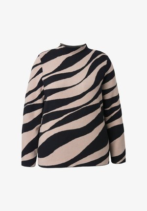 Pitkähihainen pusero, jossa on beigeä ja mustaa abstraktia tiikeriraidallista kuviota ja korkea kaulus valkoisella taustalla.