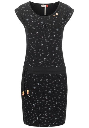 Czarna casualowa sukienka z krótkim rękawem, ozdobiona małymi deskami surfingowymi, palmami i wzorem fal, z czarnym paskiem w talii oraz sznurkiem z drewnianymi koralikami.