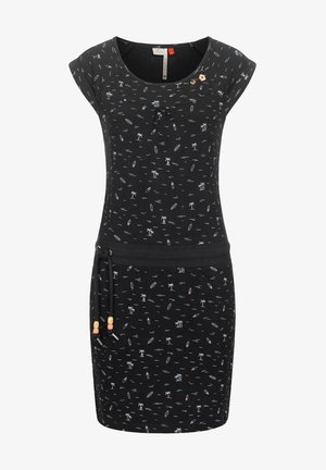 Czarna casualowa sukienka z krótkim rękawem, ozdobiona małymi deskami surfingowymi, palmami i wzorem fal, z czarnym paskiem w talii oraz sznurkiem z drewnianymi koralikami.