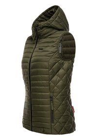 Olīvu zaļš quiltēts kapuces vestes jachet ar rāvējslēdzēju, bez piedurknēm, sānu kabatām un rakstainu iekšējo oderi.