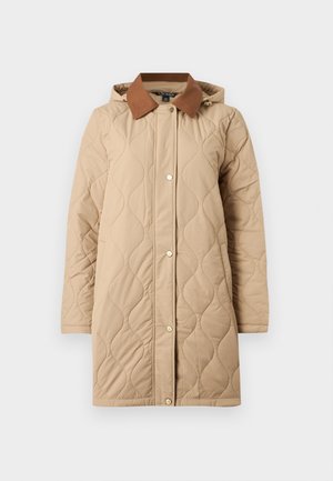 Quilted beige coat with a brown faux suede collar, hood, and snap closure. Features wavy stitching and long sleeves.
