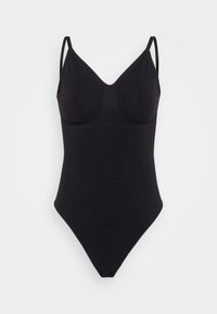 Black one-piece swimsuit with thin adjustable straps, V-neckline, textured detail at bust, and a high-cut hip design. Smooth fabric finish.