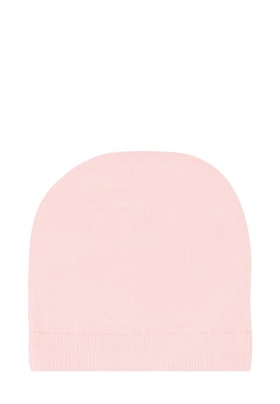 Jasnoróżowa dziana czapka beanie o gładkiej powierzchni, zaokrąglonym szczycie i dopasowanym dnie. Brak widocznych wzorów lub dodatkowych elementów.