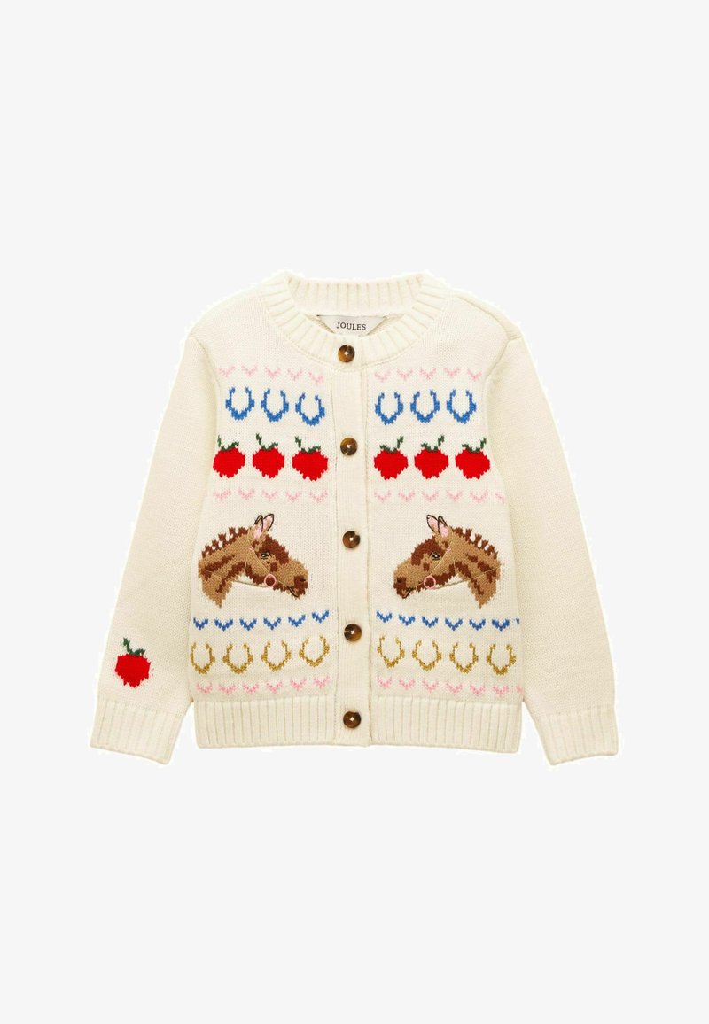 Cremefarbener Strickcardigan mit braunen Knöpfen, verziert mit Pferdeköpfen, roten Äpfeln und Mustern aus blauen und goldenen Hufeisen.