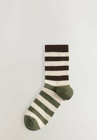 Striped socks featuring a dark brown cuff and alternating cream and olive green stripes, made of a soft knit material.