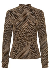 Langarmoberteil mit hohem Kragen, strukturiertem, metallischem Stoff in Schwarz und Gold, mit einem Zickzackstreifenmuster und gerafften Manschetten.