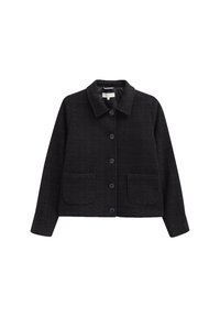 Schwarze Wolljacke mit Kragen, Knopfverschluss, zwei Fronttaschen und strukturierter Stoffoberfläche.