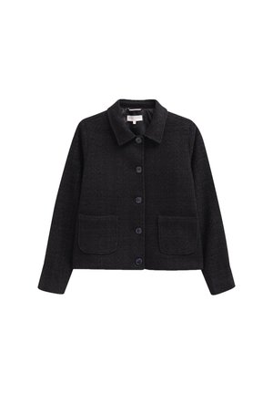 Black wool jacket with a collared neckline, button closure, two front pockets, and a textured fabric finish.