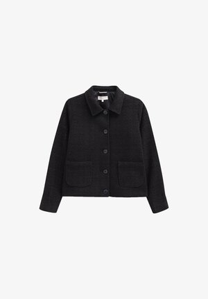 Black wool jacket with a collared neckline, button closure, two front pockets, and a textured fabric finish.