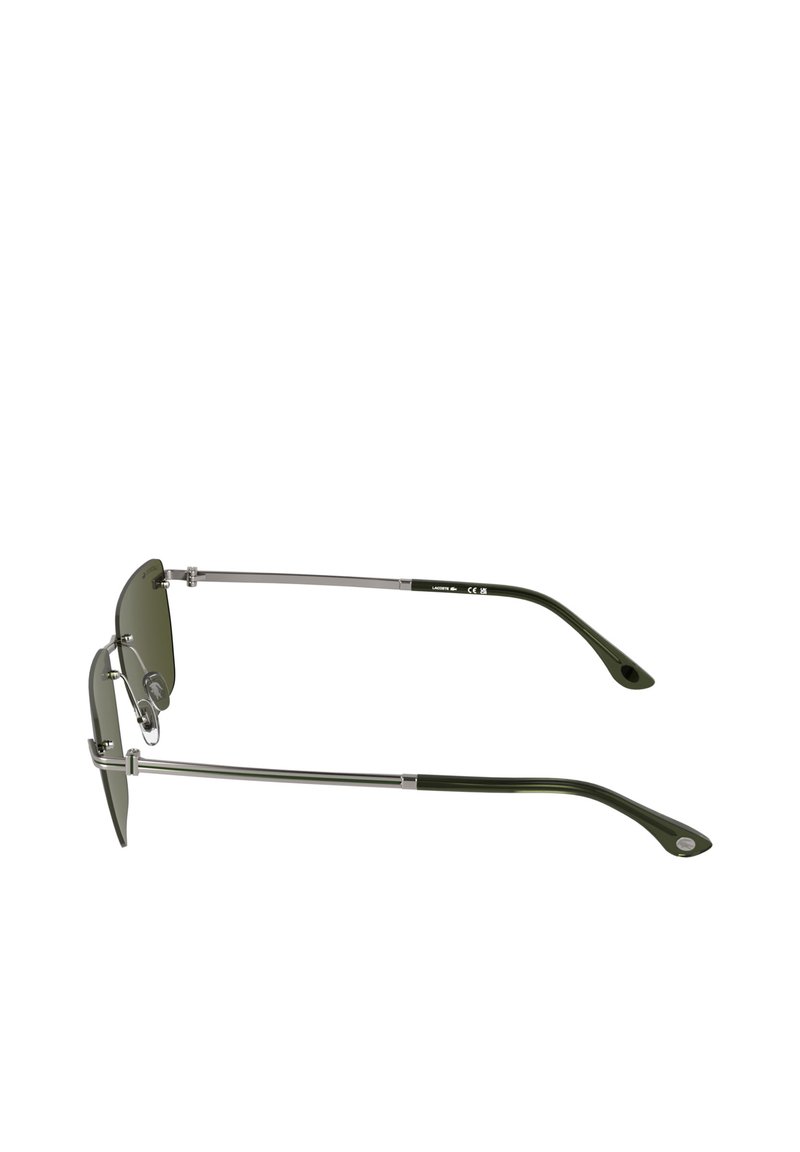Schmale Sonnenbrille mit Metallrahmen, dunkelgrünen getönten Gläsern und passenden dunkelgrünen gebogenen Bügelenden, seitlich dargestellt.